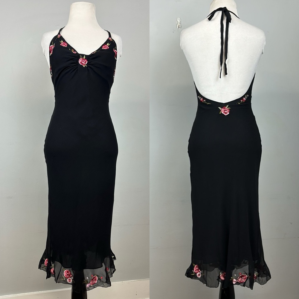 Betsey Johnson Black Midi Dress with Pink Floral Accents